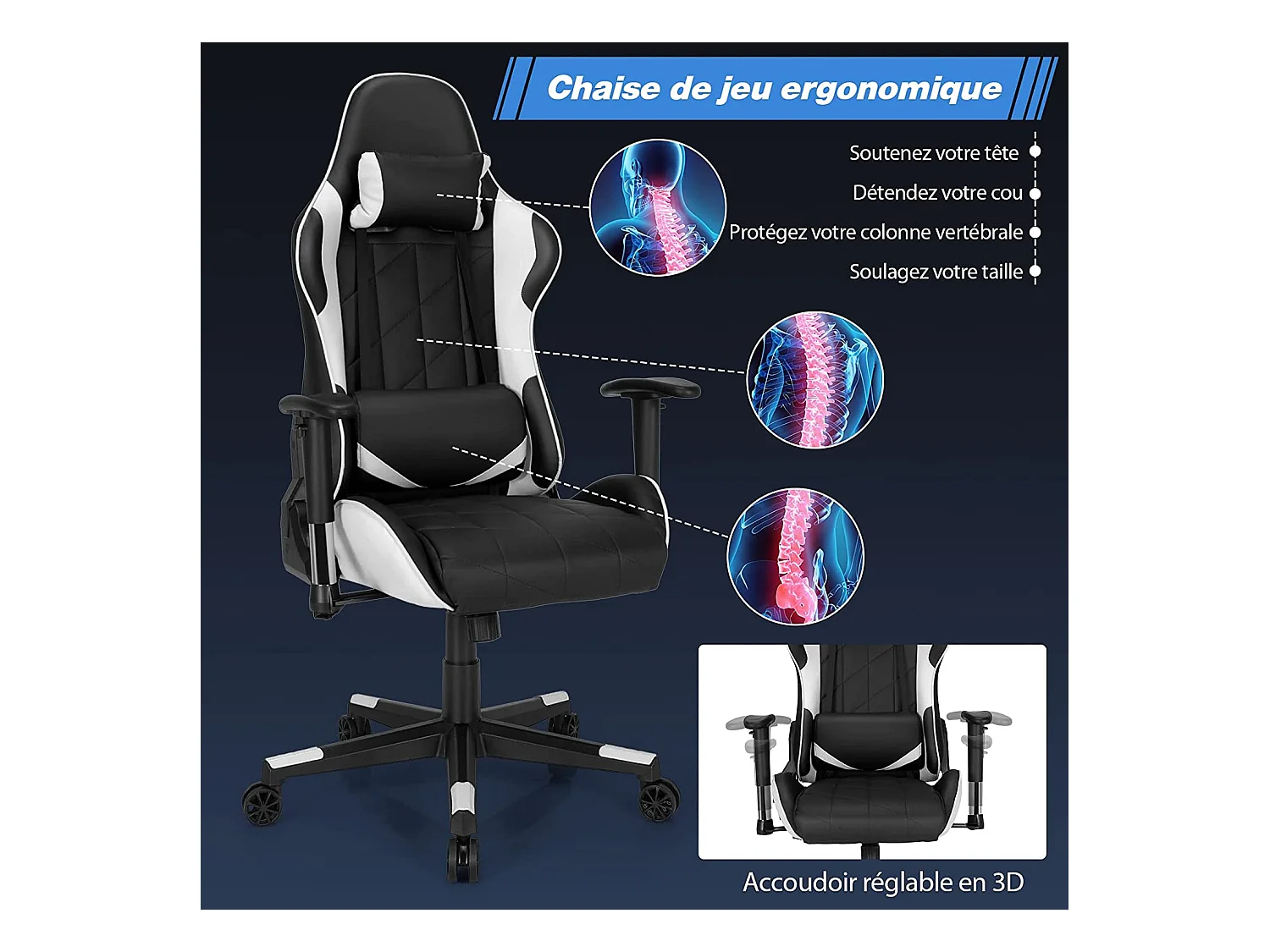 Chaise de Bureau/Chaise Gaming Réglable à Dossier Inclinable de 90°-160° avec Appui-tête, Renfort Lombaire et Accoudoirs Rembourrés Blanc
