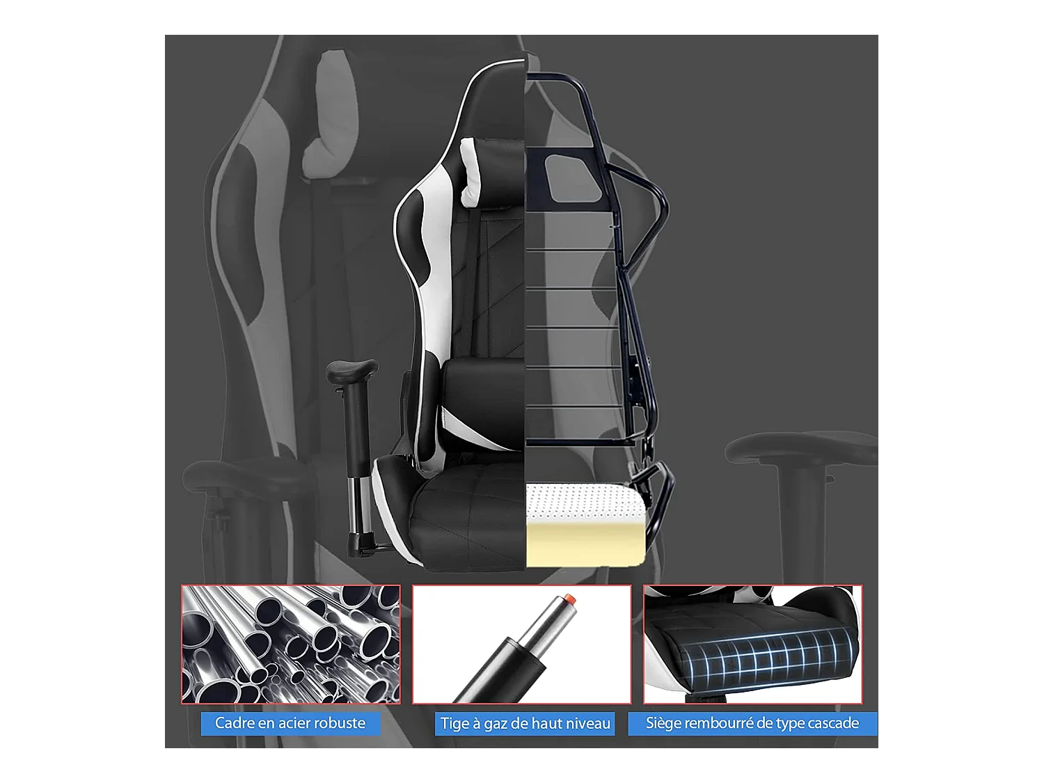 Chaise de Bureau/Chaise Gaming Réglable à Dossier Inclinable de 90°-160° avec Appui-tête, Renfort Lombaire et Accoudoirs Rembourrés Blanc