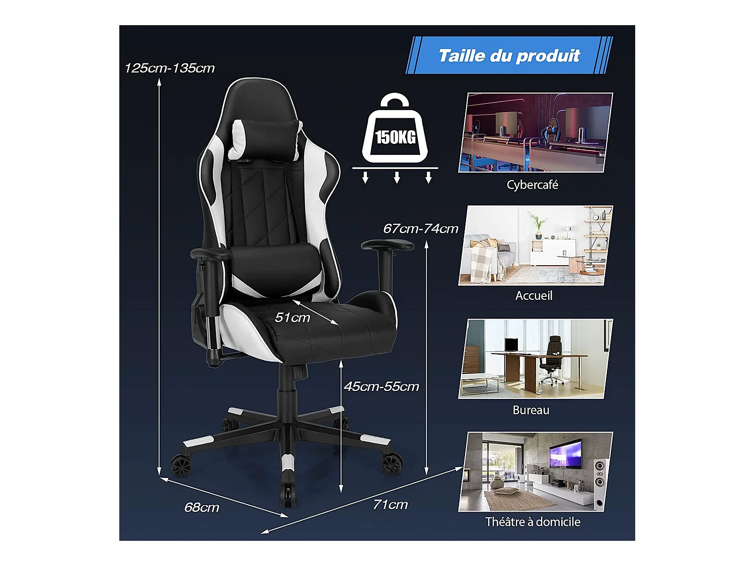 Chaise de Bureau/Chaise Gaming Réglable à Dossier Inclinable de 90°-160° avec Appui-tête, Renfort Lombaire et Accoudoirs Rembourrés Blanc