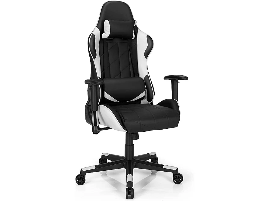 Chaise de Bureau/Chaise Gaming Réglable à Dossier Inclinable de 90°-160° avec Appui-tête, Renfort Lombaire et Accoudoirs Rembourrés Blanc