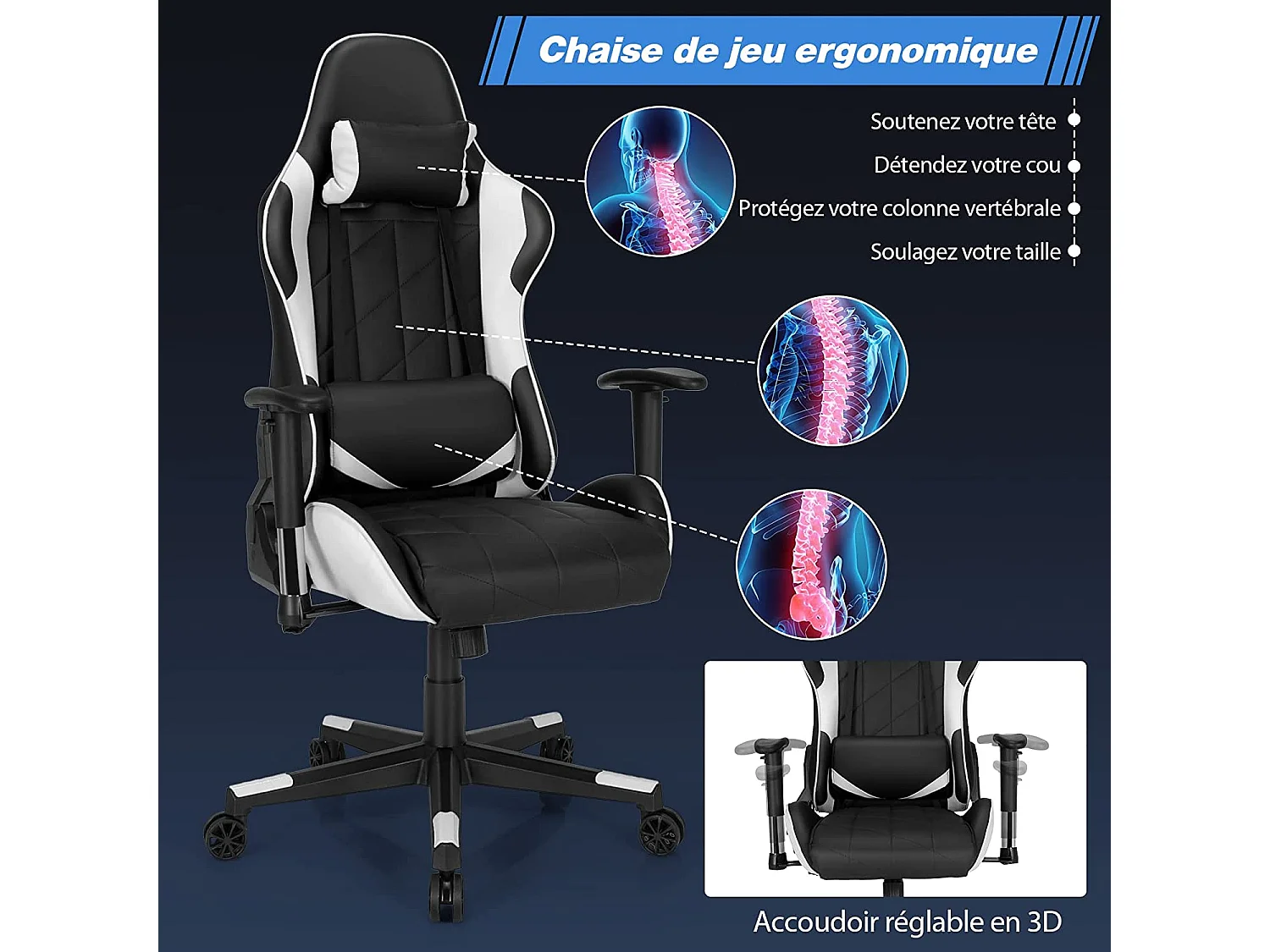 Chaise de Bureau/Chaise Gaming Réglable à Dossier Inclinable de 90°-160° avec Appui-tête, Renfort Lombaire et Accoudoirs Rembourrés Blanc