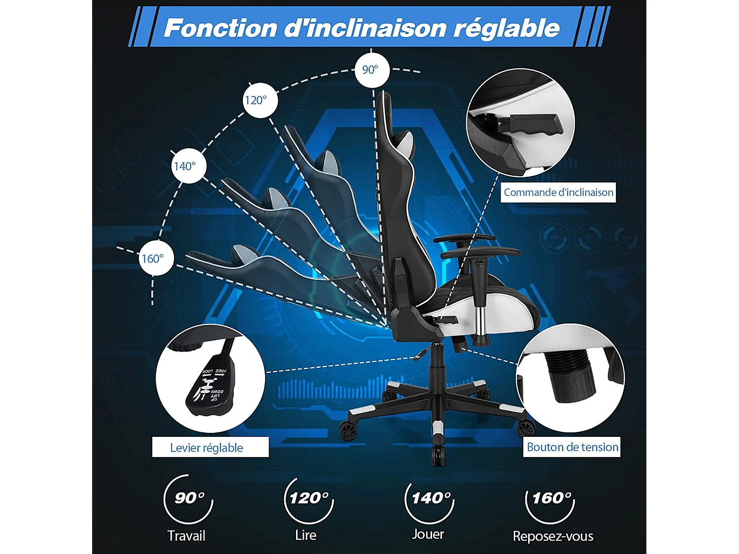 Chaise de Bureau/Chaise Gaming Réglable à Dossier Inclinable de 90°-160° avec Appui-tête, Renfort Lombaire et Accoudoirs Rembourrés Blanc