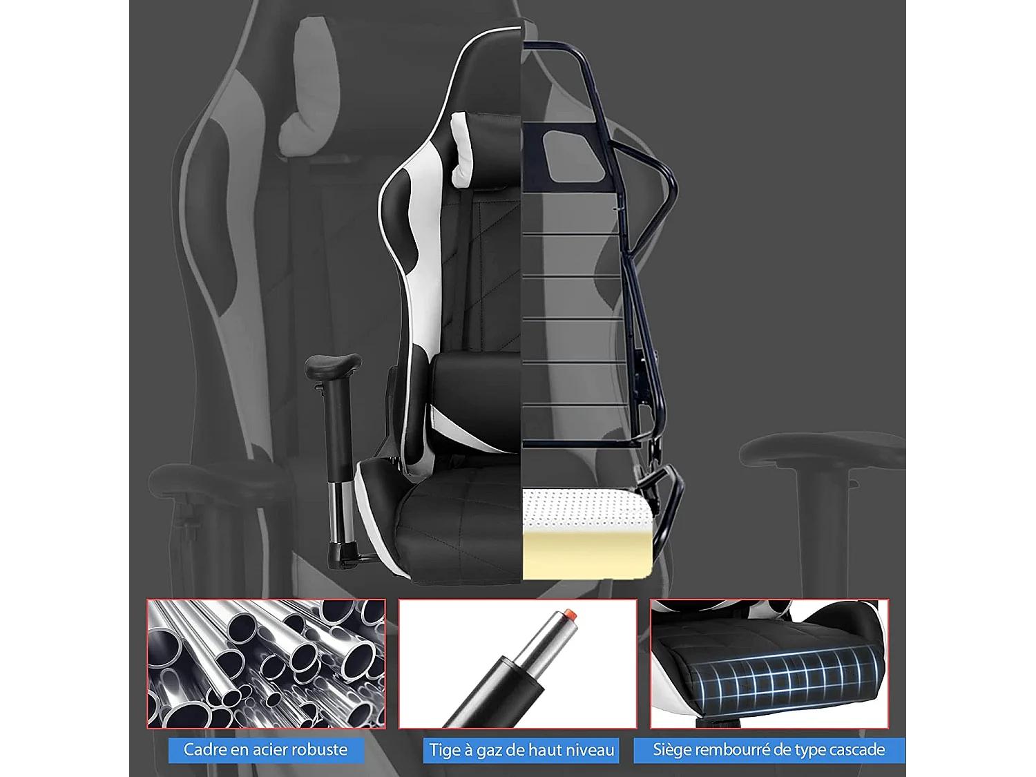 Chaise de Bureau/Chaise Gaming Réglable à Dossier Inclinable de 90°-160° avec Appui-tête, Renfort Lombaire et Accoudoirs Rembourrés Blanc