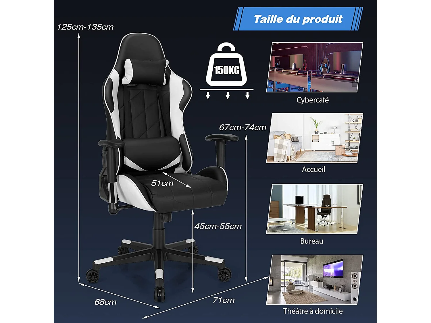 Chaise de Bureau/Chaise Gaming Réglable à Dossier Inclinable de 90°-160° avec Appui-tête, Renfort Lombaire et Accoudoirs Rembourrés Blanc