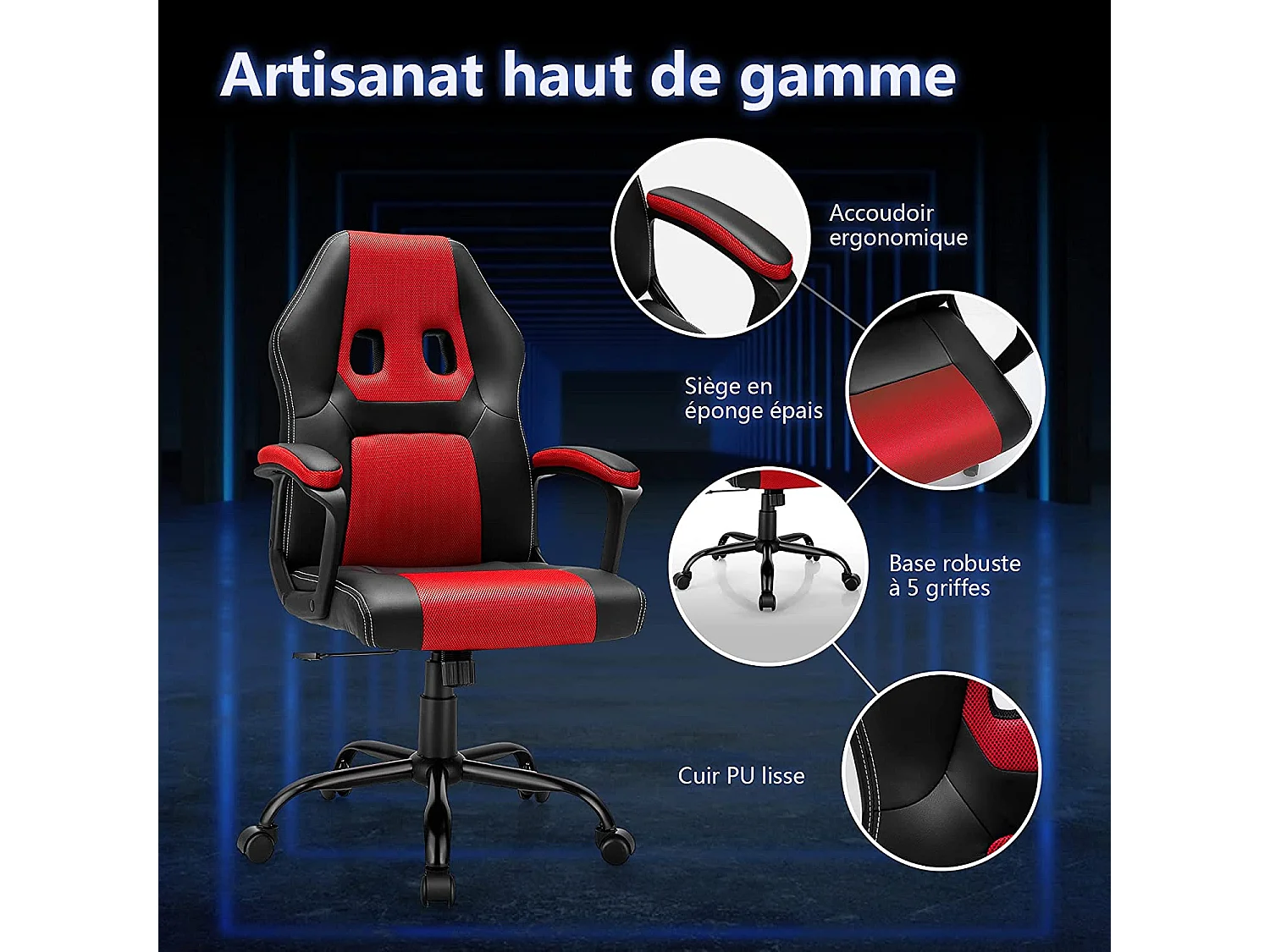 Chaise de Bureau Ergonomique Inclinable 90-115° Chaise Gaming Pivotante Hauteur du Siège Réglable 48-57,5CM Support Lombaire rose