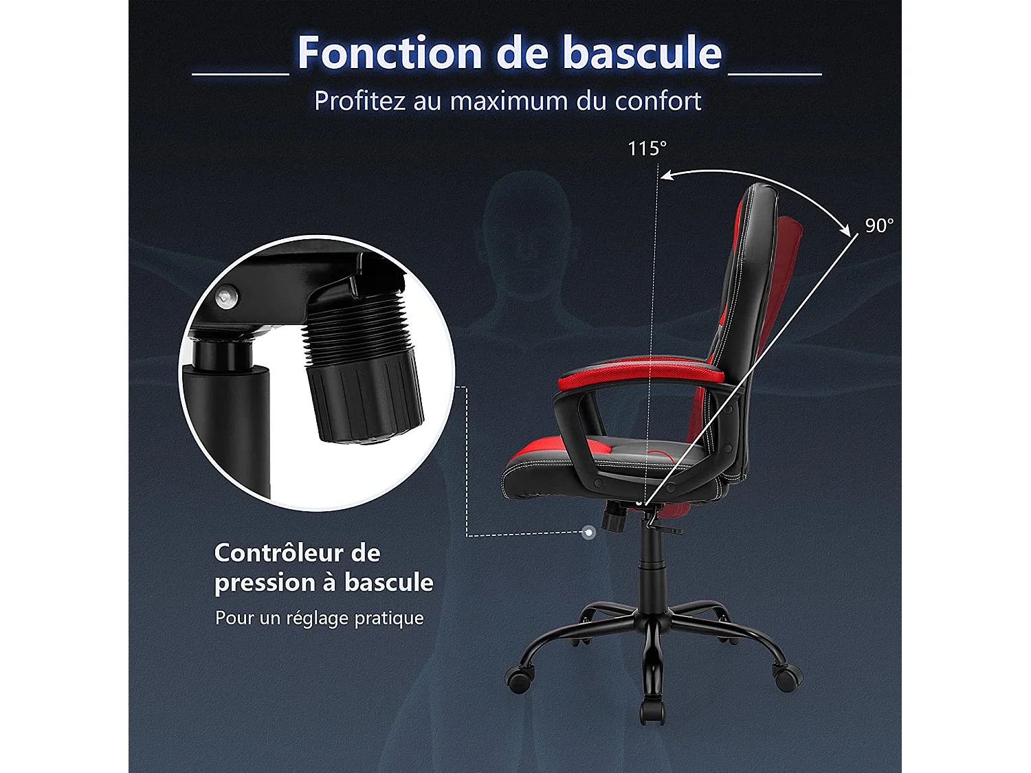 Chaise de Bureau Ergonomique Inclinable 90-115° Chaise Gaming Pivotante Hauteur du Siège Réglable 48-57,5CM Support Lombaire rose