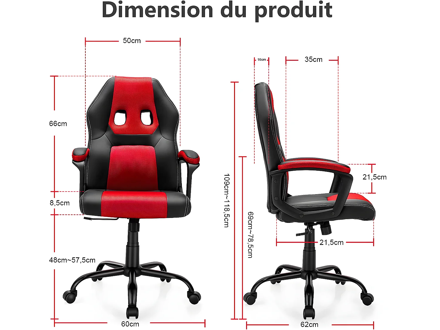 Chaise de Bureau Ergonomique Inclinable 90-115° Chaise Gaming Pivotante Hauteur du Siège Réglable 48-57,5CM Support Lombaire rose