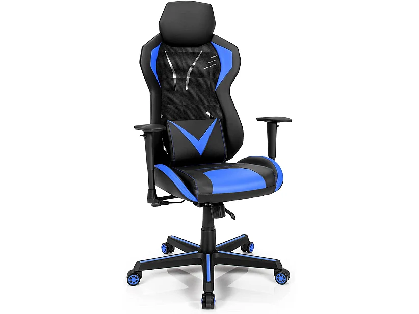 Chaise de Bureau/Chaise Gaming Ergonomique à Roulettes Pivotante avec Support de Colonne Vertébrale 3D Noir + Bleu