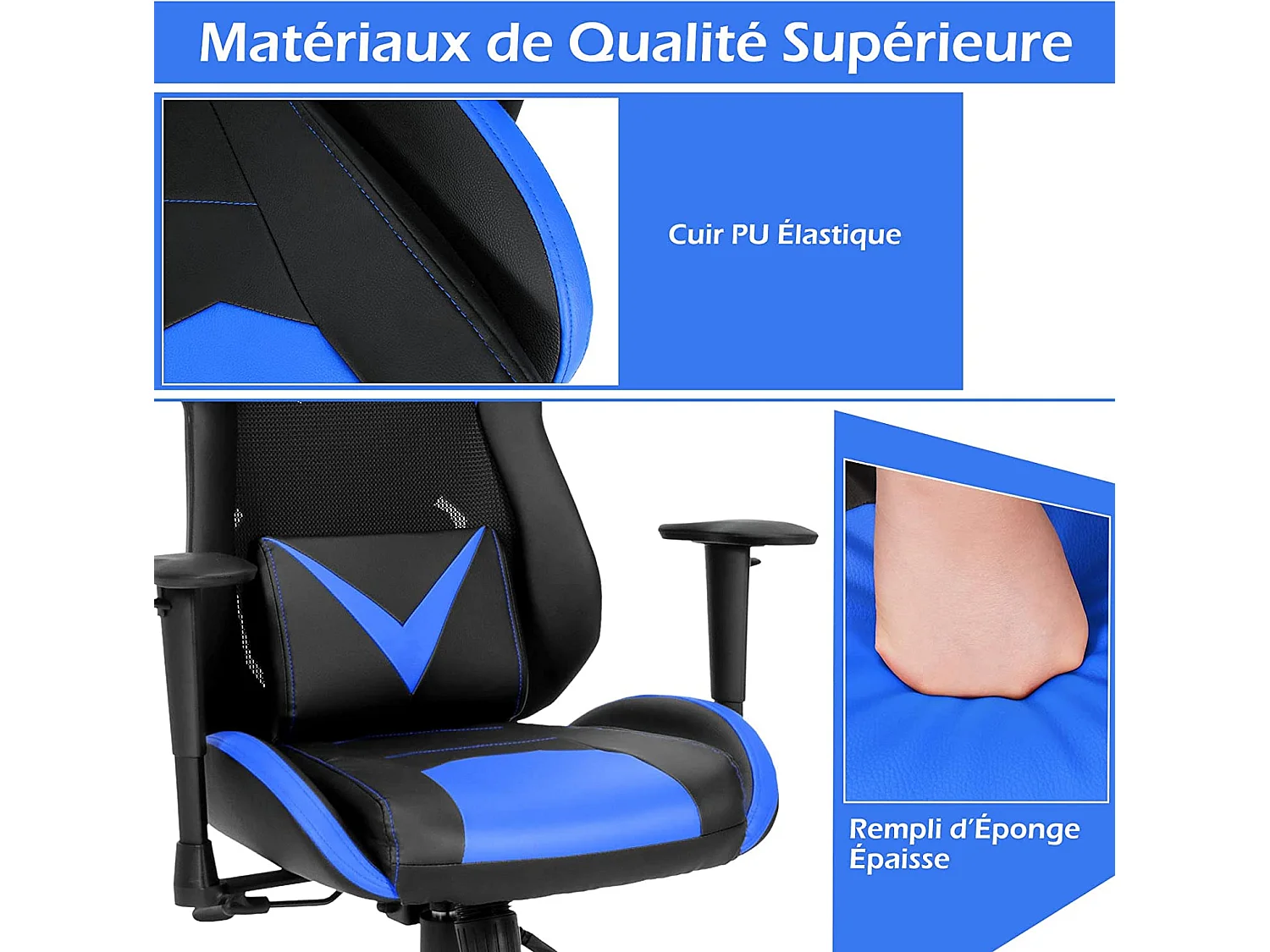 Chaise de Bureau/Chaise Gaming Ergonomique à Roulettes Pivotante avec Support de Colonne Vertébrale 3D Noir + Bleu