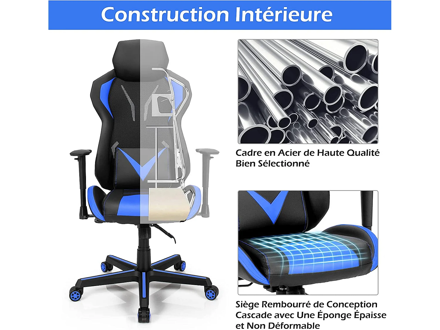 Chaise de Bureau/Chaise Gaming Ergonomique à Roulettes Pivotante avec Support de Colonne Vertébrale 3D Noir + Bleu