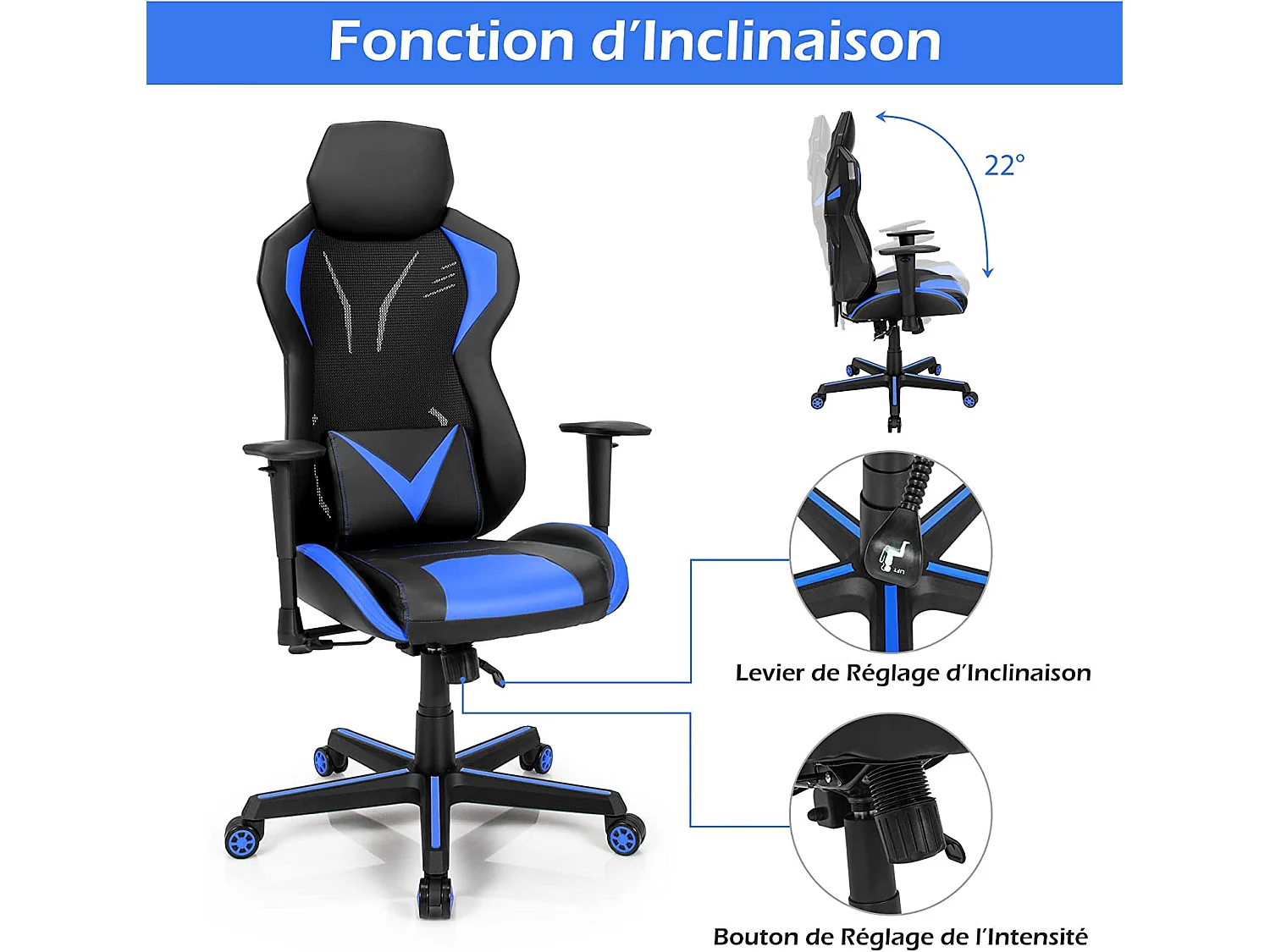 Chaise de Bureau/Chaise Gaming Ergonomique à Roulettes Pivotante avec Support de Colonne Vertébrale 3D Noir + Bleu