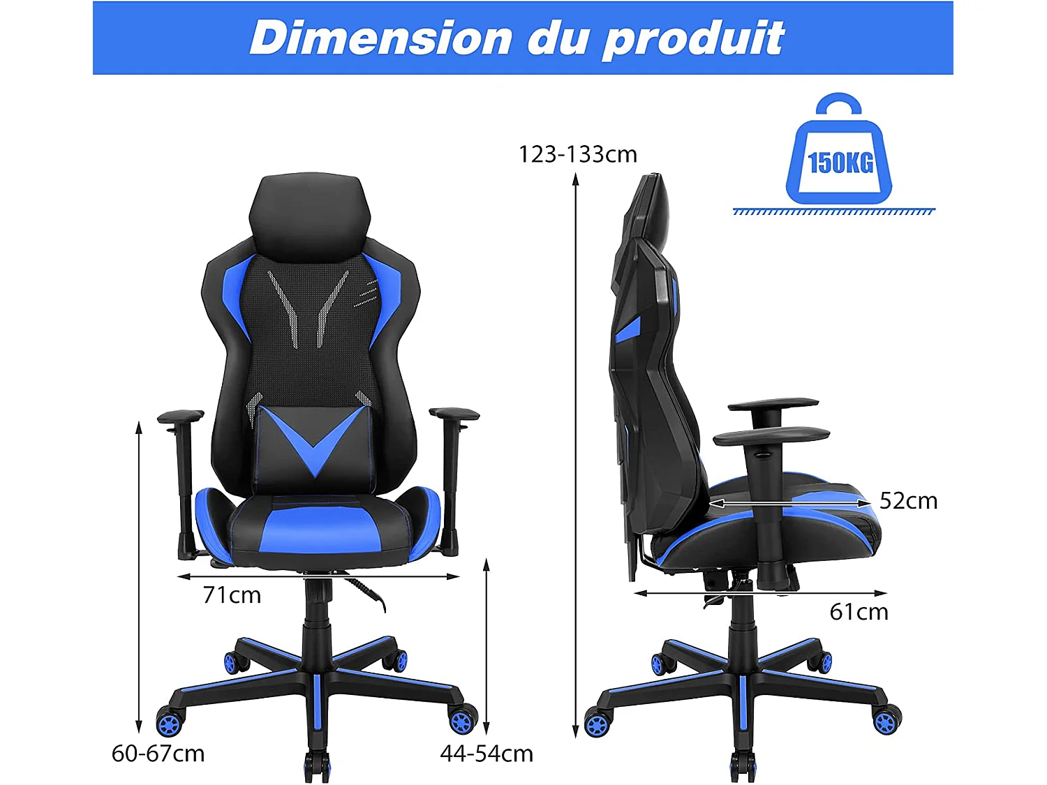 Chaise de Bureau/Chaise Gaming Ergonomique à Roulettes Pivotante avec Support de Colonne Vertébrale 3D Noir + Bleu