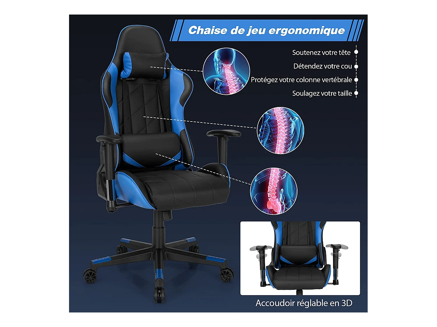 Chaise de Bureau/Chaise Gaming Réglable à Dossier Inclinable de 90°-160° avec Appui-tête, Renfort Lombaire et Accoudoirs Rembourrés Bleu