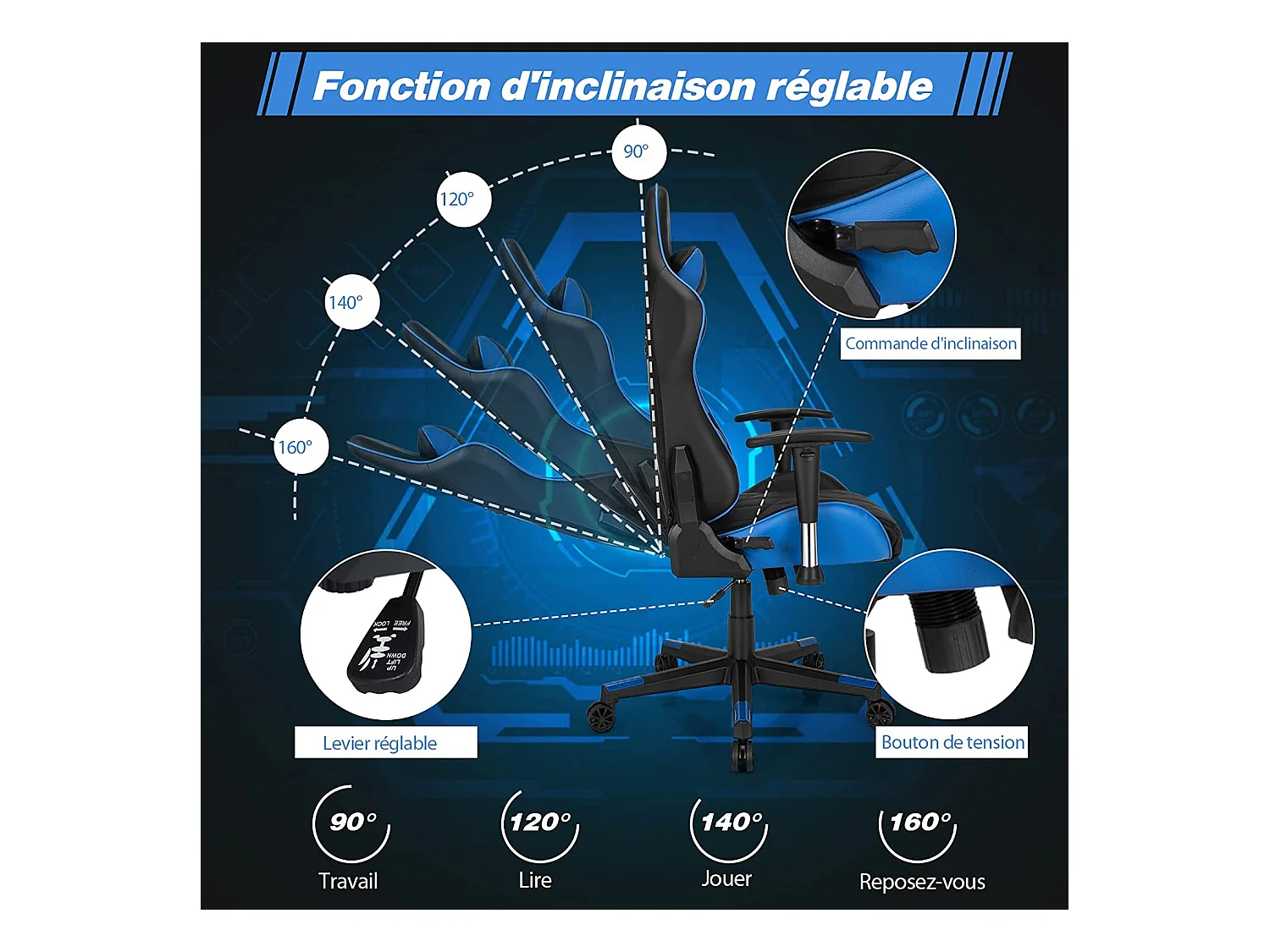 Chaise de Bureau/Chaise Gaming Réglable à Dossier Inclinable de 90°-160° avec Appui-tête, Renfort Lombaire et Accoudoirs Rembourrés Bleu
