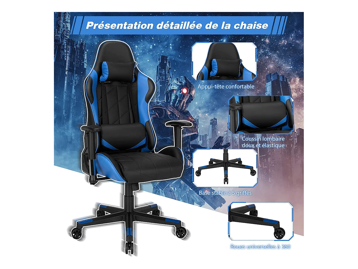 Chaise de Bureau/Chaise Gaming Réglable à Dossier Inclinable de 90°-160° avec Appui-tête, Renfort Lombaire et Accoudoirs Rembourrés Bleu