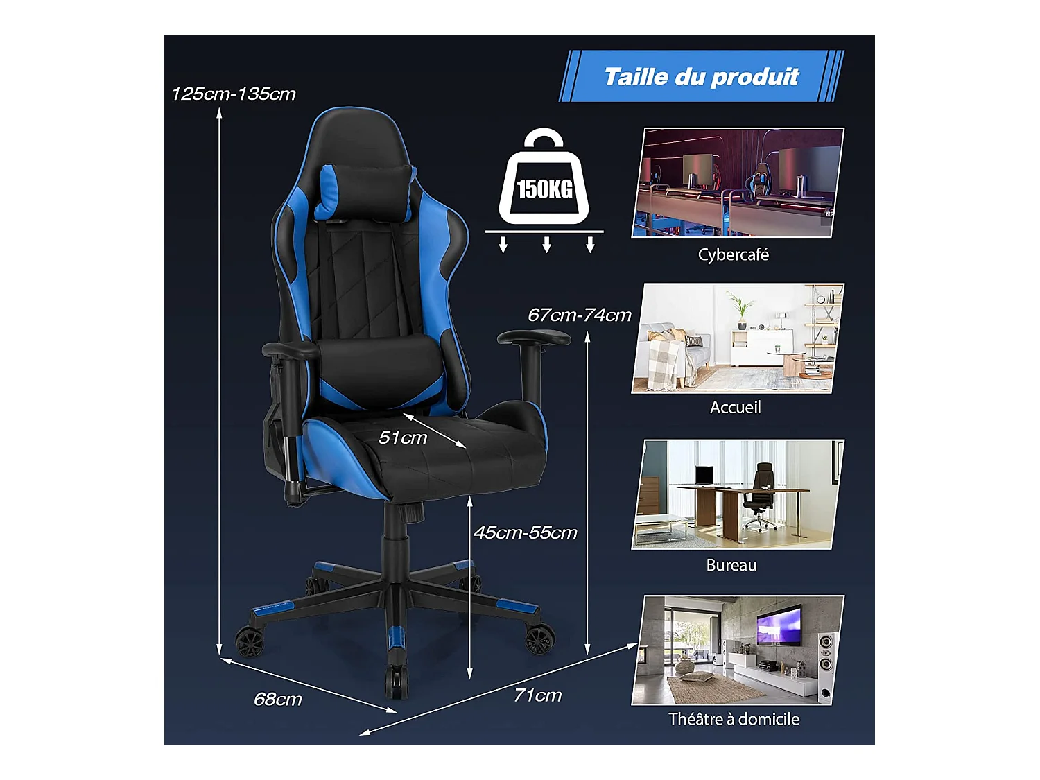 Chaise de Bureau/Chaise Gaming Réglable à Dossier Inclinable de 90°-160° avec Appui-tête, Renfort Lombaire et Accoudoirs Rembourrés Bleu