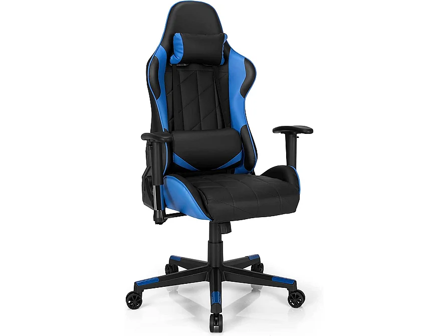 Chaise de Bureau/Chaise Gaming Réglable à Dossier Inclinable de 90°-160° avec Appui-tête, Renfort Lombaire et Accoudoirs Rembourrés Bleu