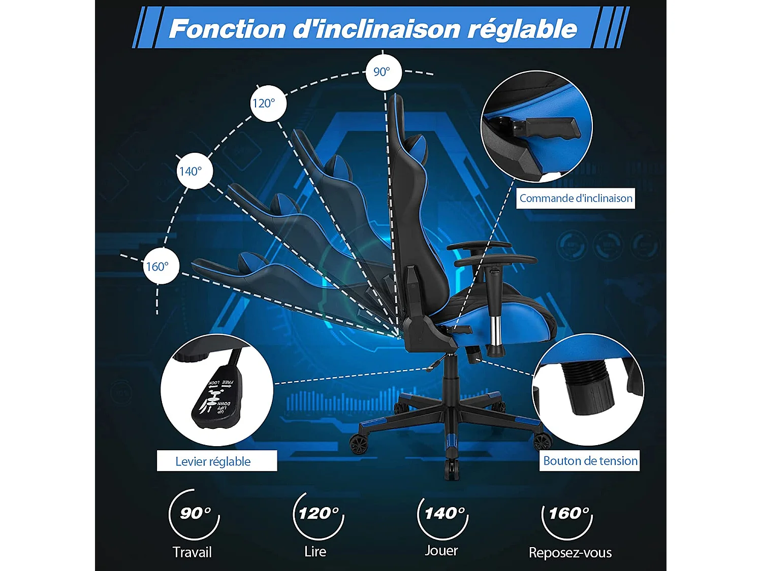 Chaise de Bureau/Chaise Gaming Réglable à Dossier Inclinable de 90°-160° avec Appui-tête, Renfort Lombaire et Accoudoirs Rembourrés Bleu