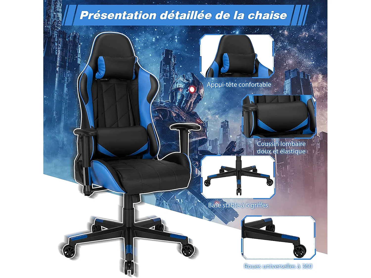 Chaise de Bureau/Chaise Gaming Réglable à Dossier Inclinable de 90°-160° avec Appui-tête, Renfort Lombaire et Accoudoirs Rembourrés Bleu