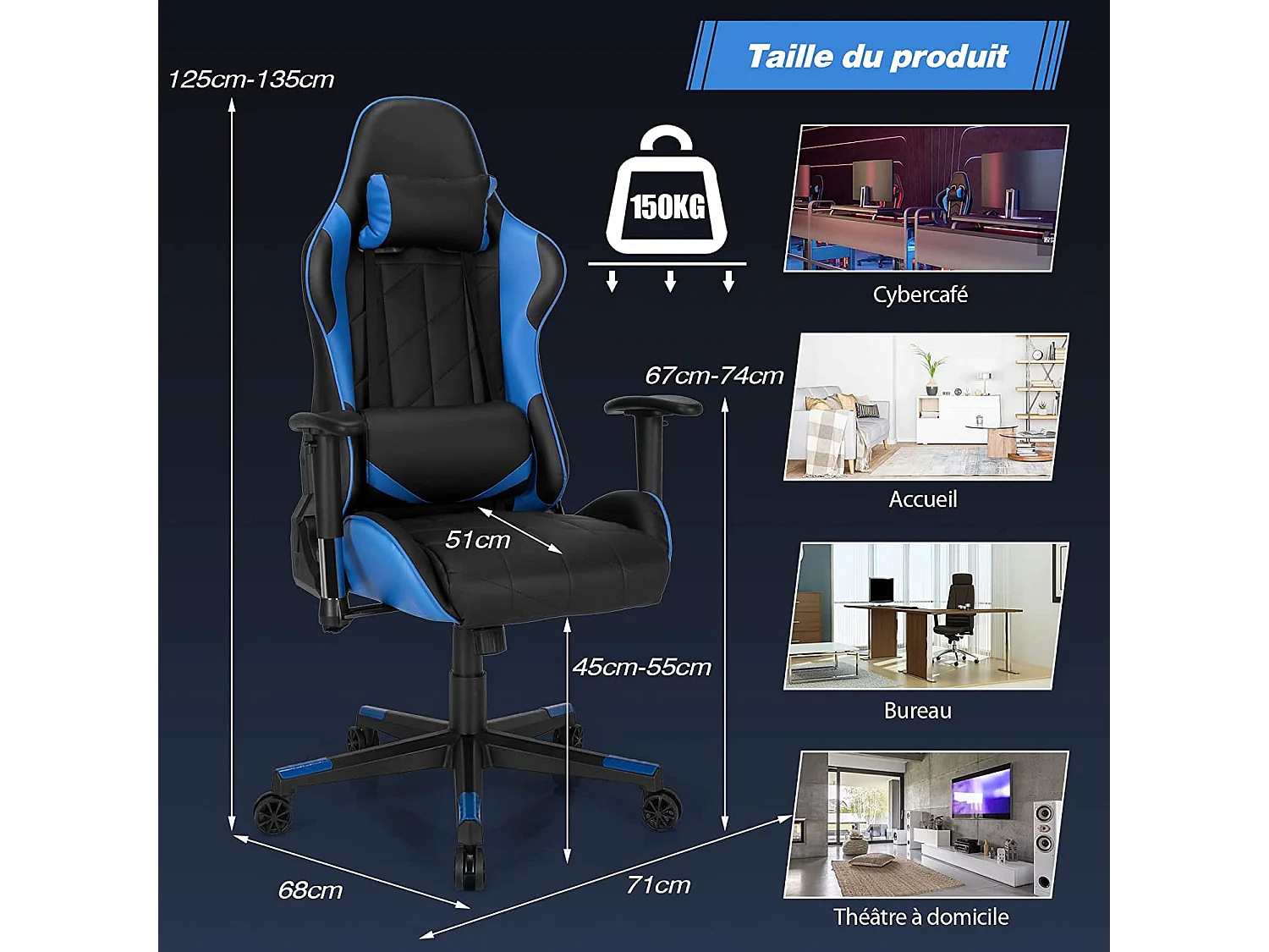 Chaise de Bureau/Chaise Gaming Réglable à Dossier Inclinable de 90°-160° avec Appui-tête, Renfort Lombaire et Accoudoirs Rembourrés Bleu
