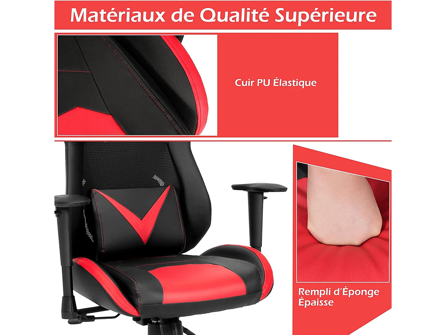Chaise de Bureau/Chaise Gaming Ergonomique à Roulettes Pivotante avec Support de Colonne Vertébrale 3D Rouge et Noir