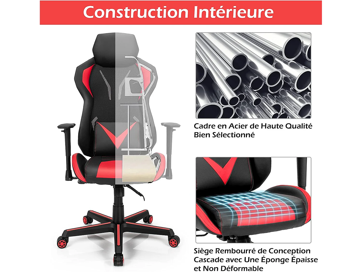 Chaise de Bureau/Chaise Gaming Ergonomique à Roulettes Pivotante avec Support de Colonne Vertébrale 3D Rouge et Noir
