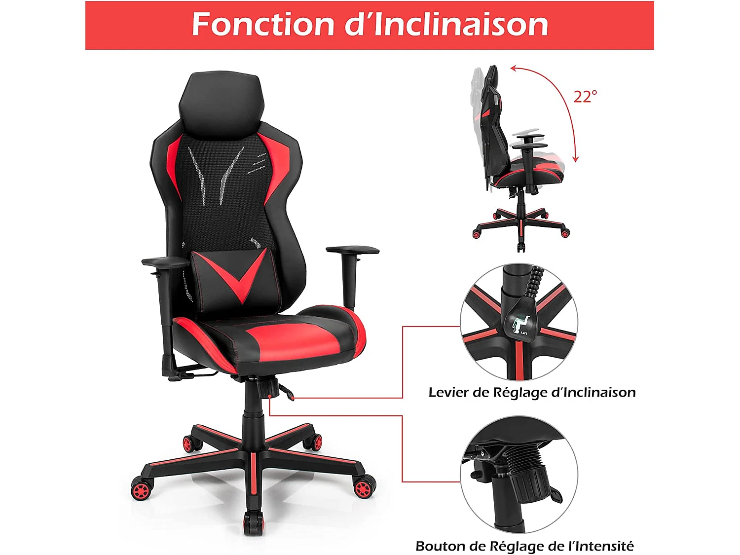 Chaise de Bureau/Chaise Gaming Ergonomique à Roulettes Pivotante avec Support de Colonne Vertébrale 3D Rouge et Noir