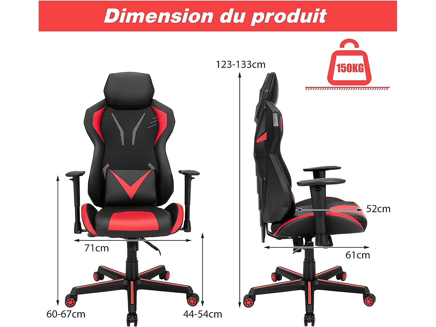 Chaise de Bureau/Chaise Gaming Ergonomique à Roulettes Pivotante avec Support de Colonne Vertébrale 3D Rouge et Noir