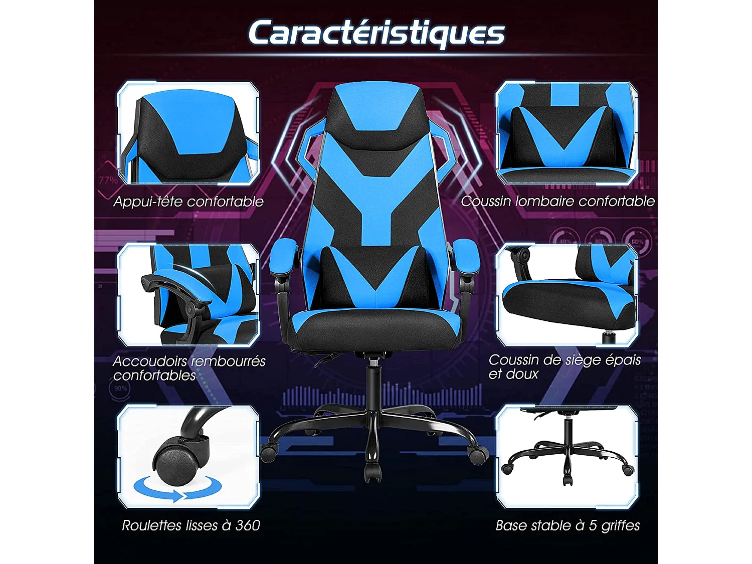 chaise gaming massage gaming racing chaise ergonomique inclinable à 90°-135° et hauteur réglable