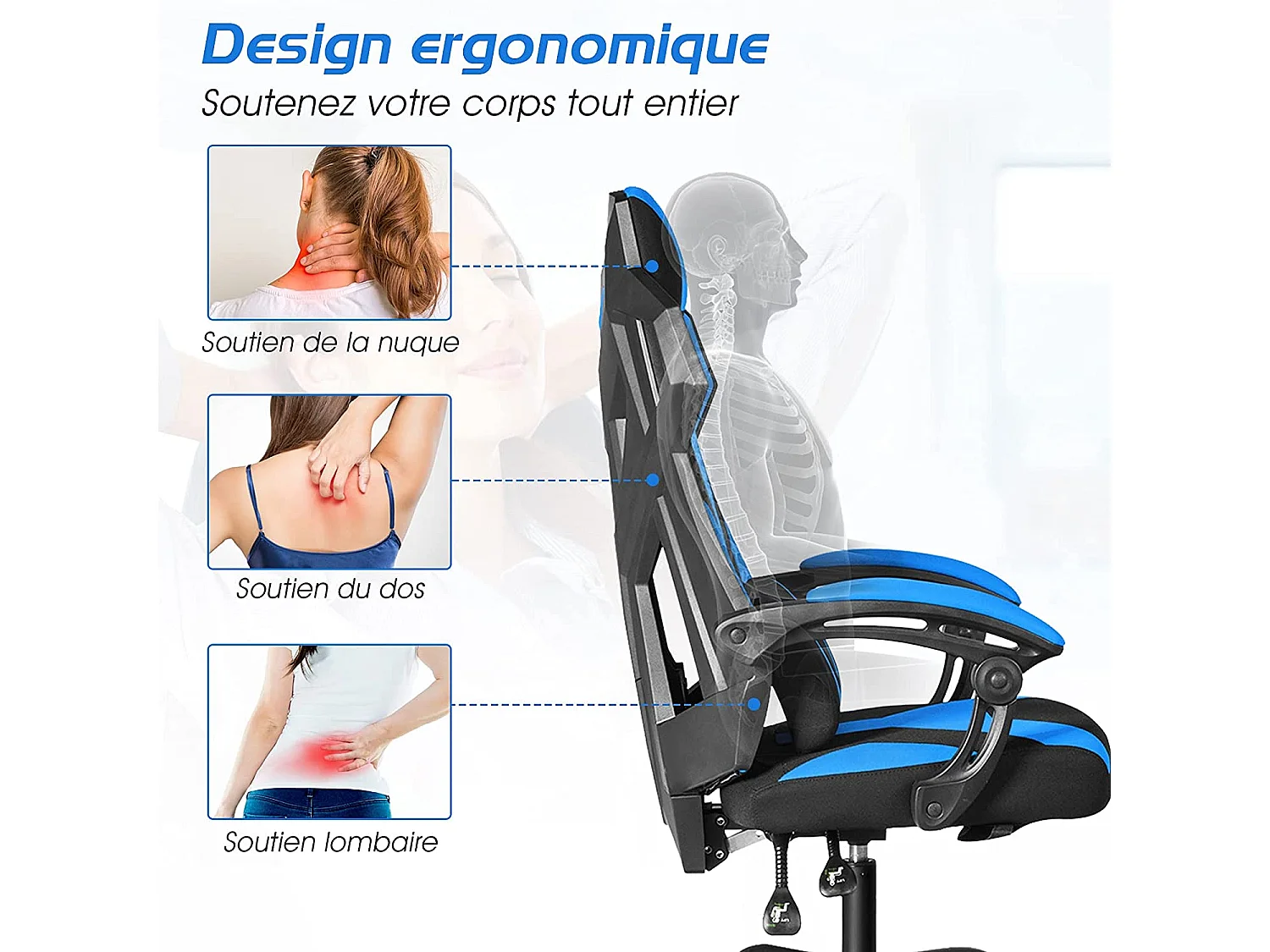 chaise gaming massage gaming racing chaise ergonomique inclinable à 90°-135° et hauteur réglable