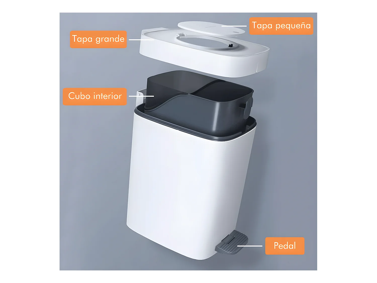 Poubelle 15 l carrée à pédale, comprenant 30 sacs poubelle.