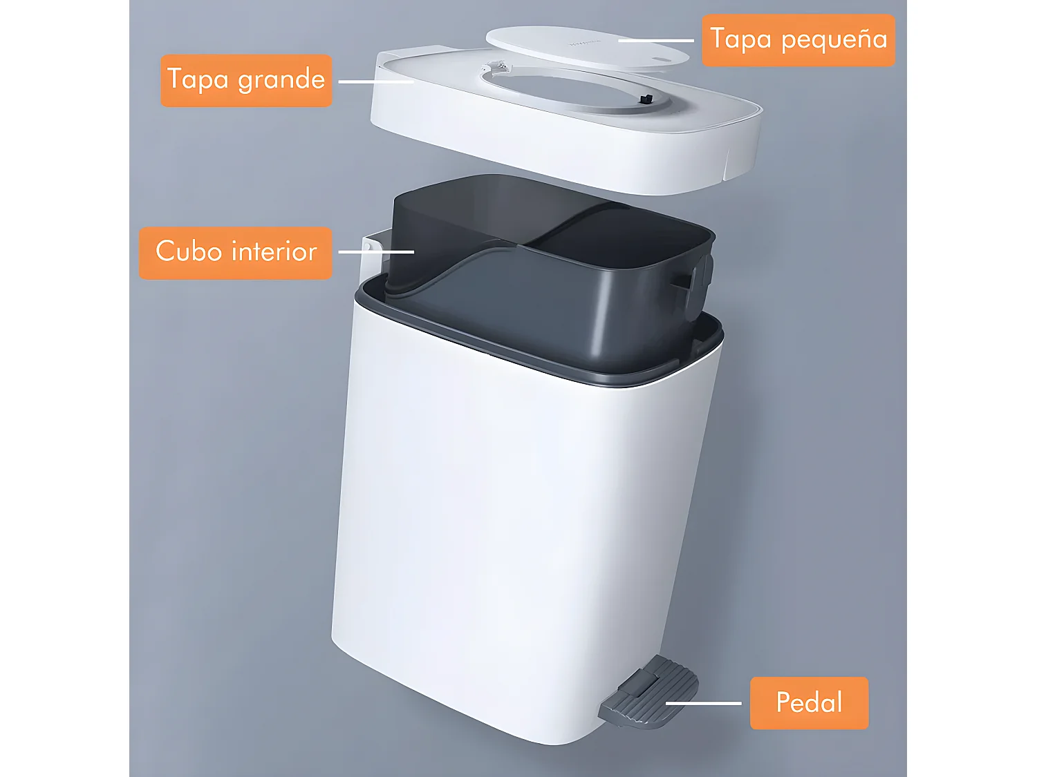 Poubelle 15 l carrée à pédale, comprenant 30 sacs poubelle.