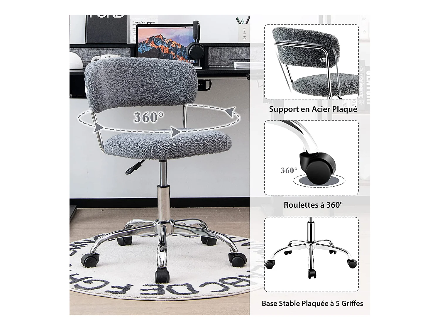 Chaise de Bureau à Domicile, Chaise de Loisirs Pivotante en Fausse Fourrure avec Siège Rembourré Réglable en Hauteur, pour Chambre, Bureau, Chambre d'amis, Gris