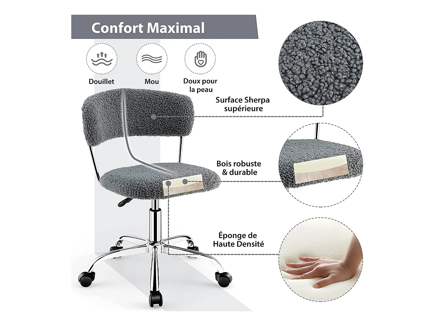 Chaise de Bureau à Domicile, Chaise de Loisirs Pivotante en Fausse Fourrure avec Siège Rembourré Réglable en Hauteur, pour Chambre, Bureau, Chambre d'amis, Gris