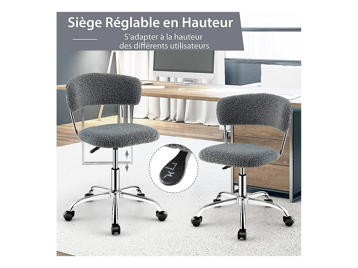 Chaise de Bureau à Domicile, Chaise de Loisirs Pivotante en Fausse Fourrure avec Siège Rembourré Réglable en Hauteur, pour Chambre, Bureau, Chambre d'amis, Gris