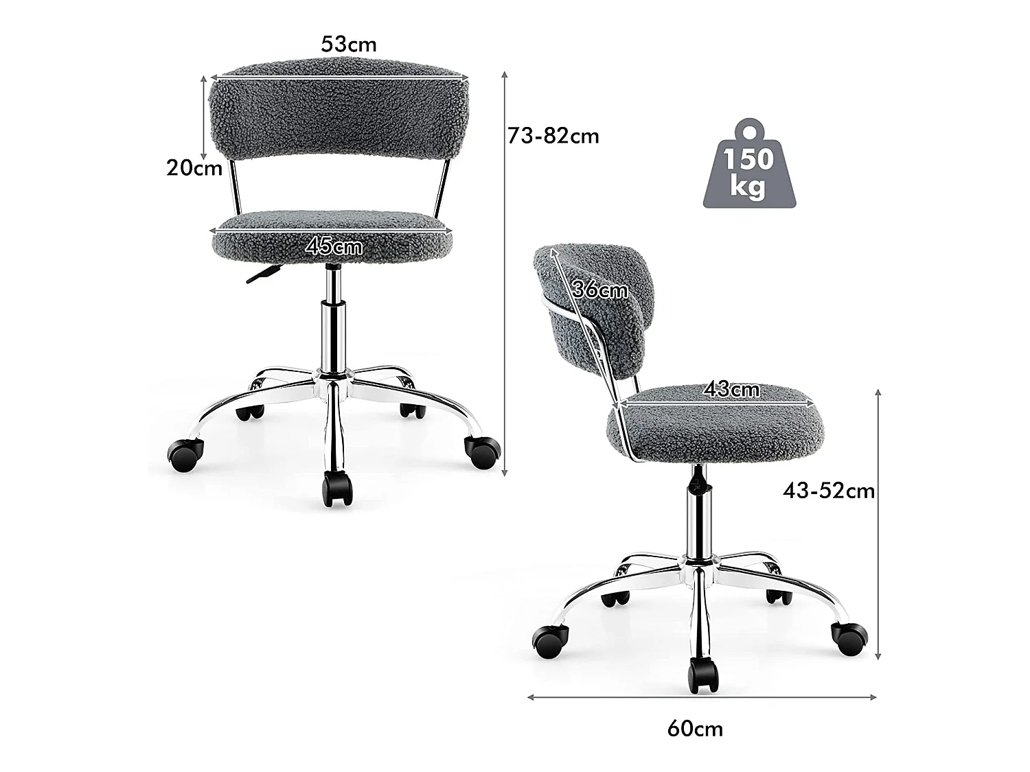 Chaise de Bureau à Domicile, Chaise de Loisirs Pivotante en Fausse Fourrure avec Siège Rembourré Réglable en Hauteur, pour Chambre, Bureau, Chambre d'amis, Gris