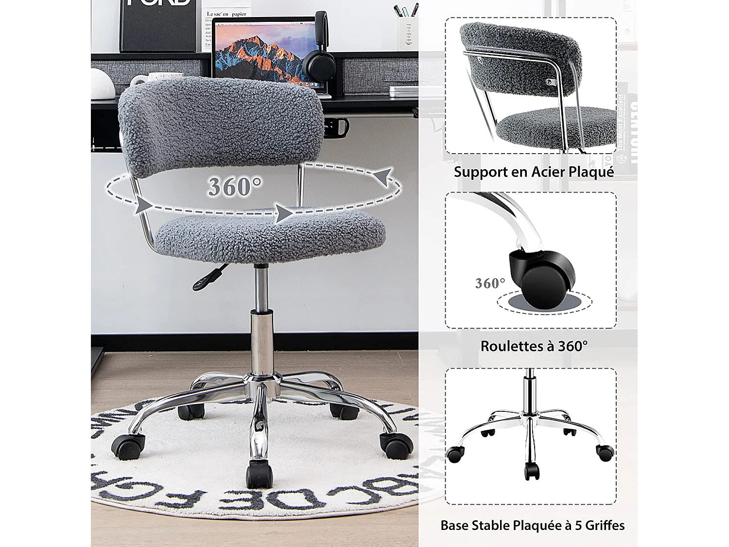 Chaise de Bureau à Domicile, Chaise de Loisirs Pivotante en Fausse Fourrure avec Siège Rembourré Réglable en Hauteur, pour Chambre, Bureau, Chambre d'amis, Gris