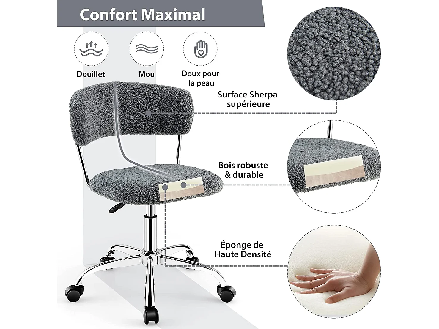 Chaise de Bureau à Domicile, Chaise de Loisirs Pivotante en Fausse Fourrure avec Siège Rembourré Réglable en Hauteur, pour Chambre, Bureau, Chambre d'amis, Gris