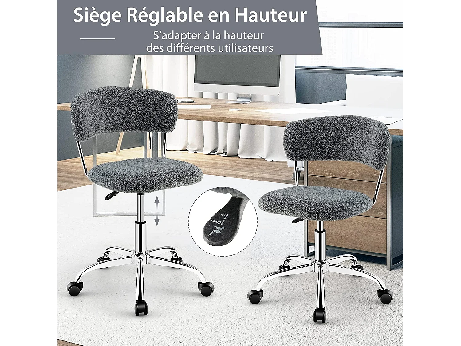 Chaise de Bureau à Domicile, Chaise de Loisirs Pivotante en Fausse Fourrure avec Siège Rembourré Réglable en Hauteur, pour Chambre, Bureau, Chambre d'amis, Gris