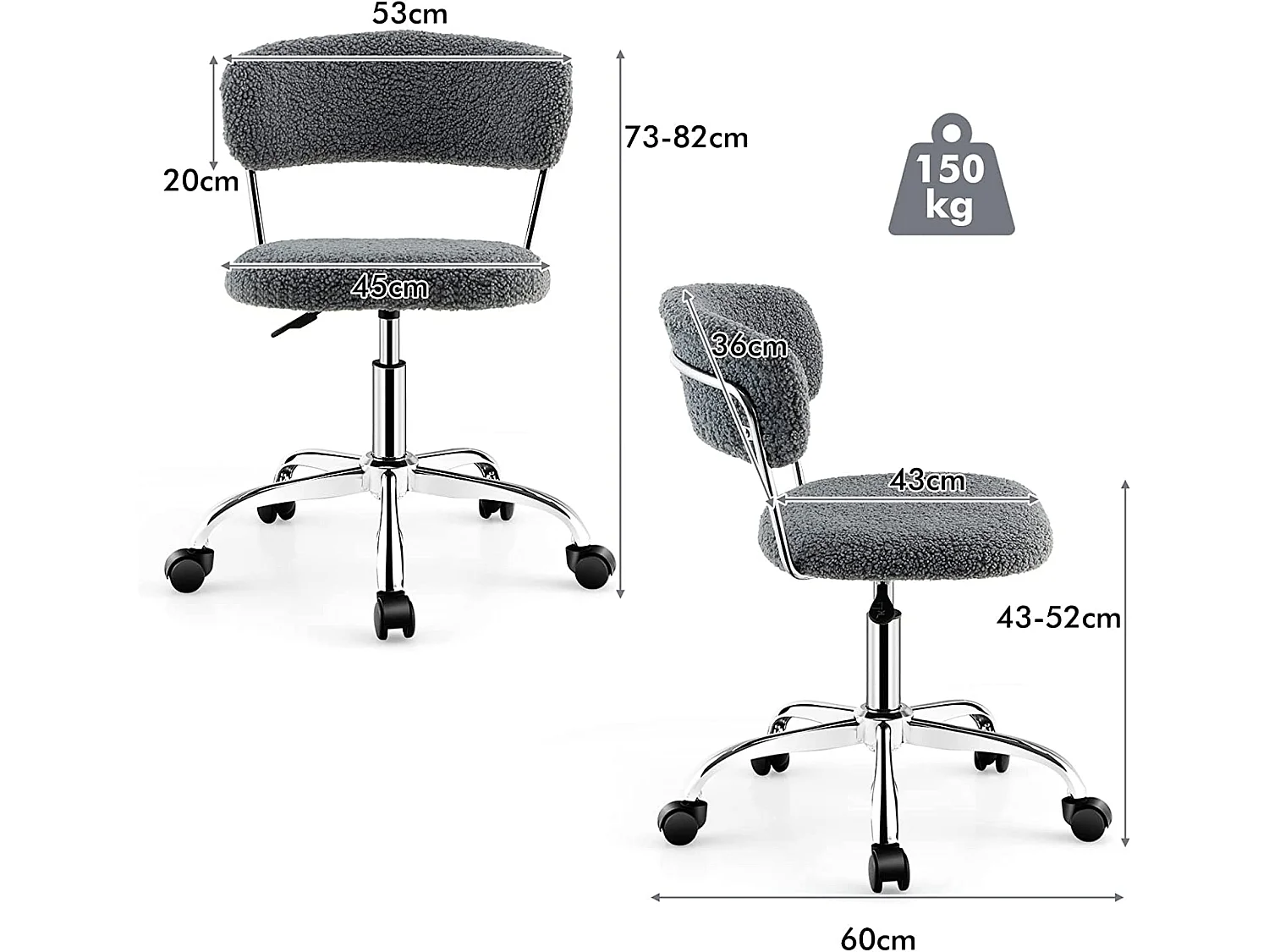 Chaise de Bureau à Domicile, Chaise de Loisirs Pivotante en Fausse Fourrure avec Siège Rembourré Réglable en Hauteur, pour Chambre, Bureau, Chambre d'amis, Gris