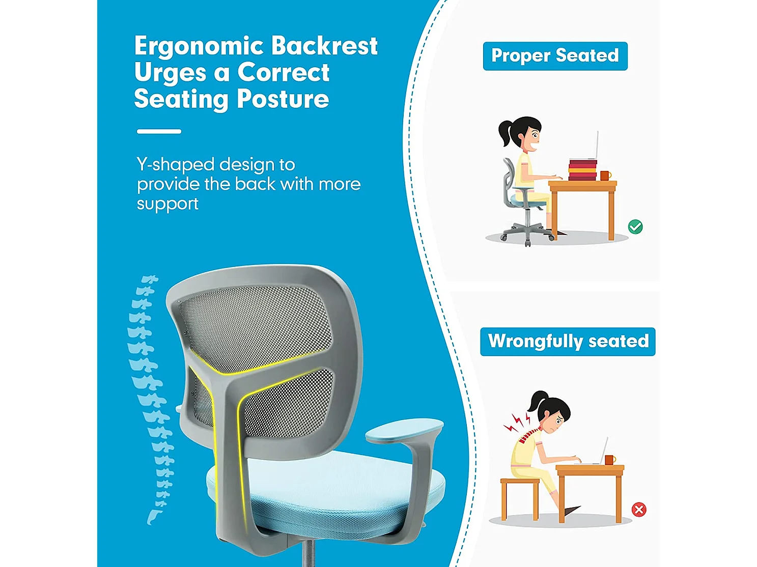 chaise de bureau à roulettes pour enfants,soutien lombaire, siège pivotant