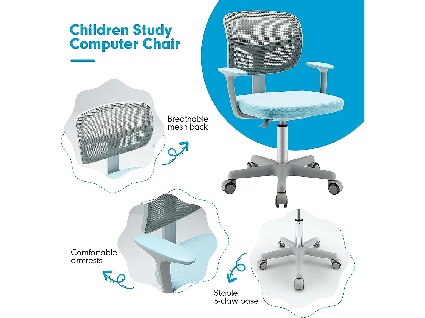 chaise de bureau à roulettes pour enfants,soutien lombaire, siège pivotant