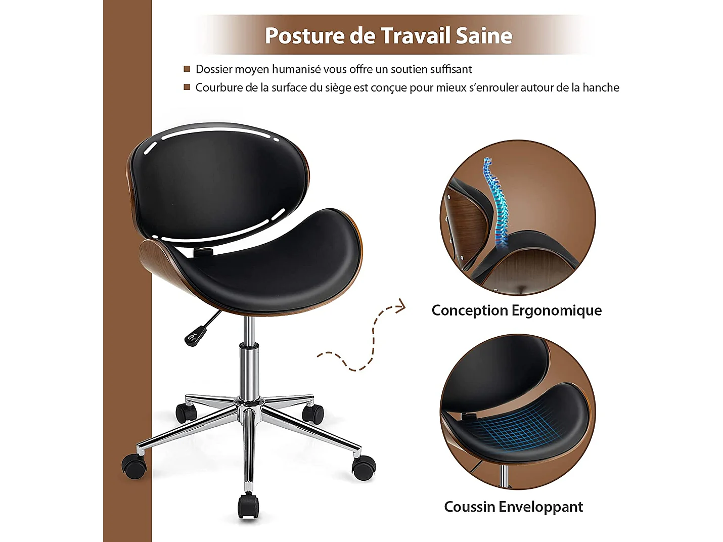 Chaise de Bureau en Bois, Pivotant et Réglable à Hauteur, Tabouret de Bureau avec Siège et Dossier Incurvé Rembourré, Charge Max 150kg