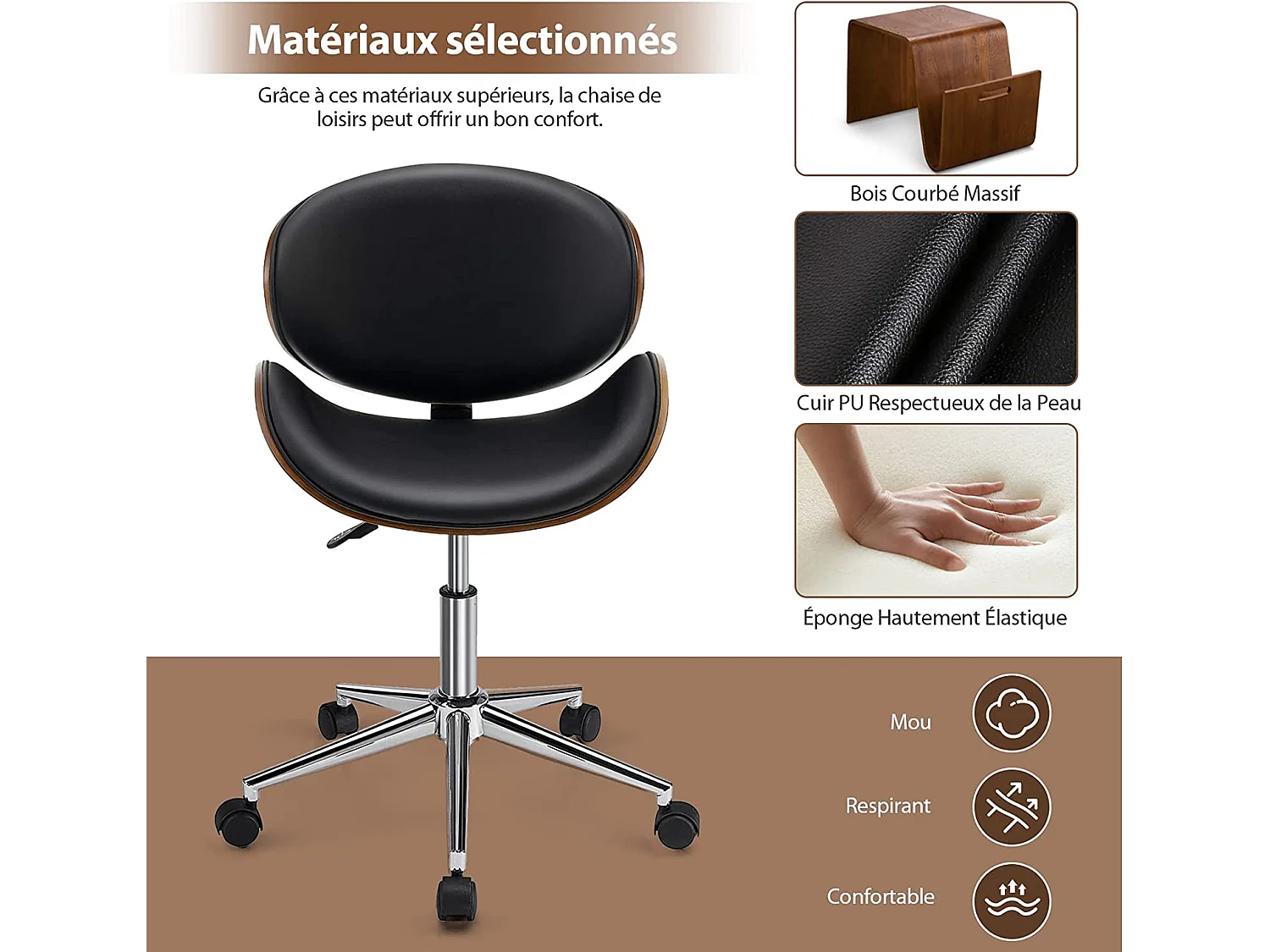 Chaise de Bureau en Bois, Pivotant et Réglable à Hauteur, Tabouret de Bureau avec Siège et Dossier Incurvé Rembourré, Charge Max 150kg