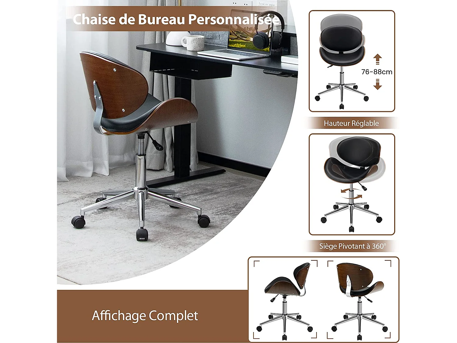 Chaise de Bureau en Bois, Pivotant et Réglable à Hauteur, Tabouret de Bureau avec Siège et Dossier Incurvé Rembourré, Charge Max 150kg