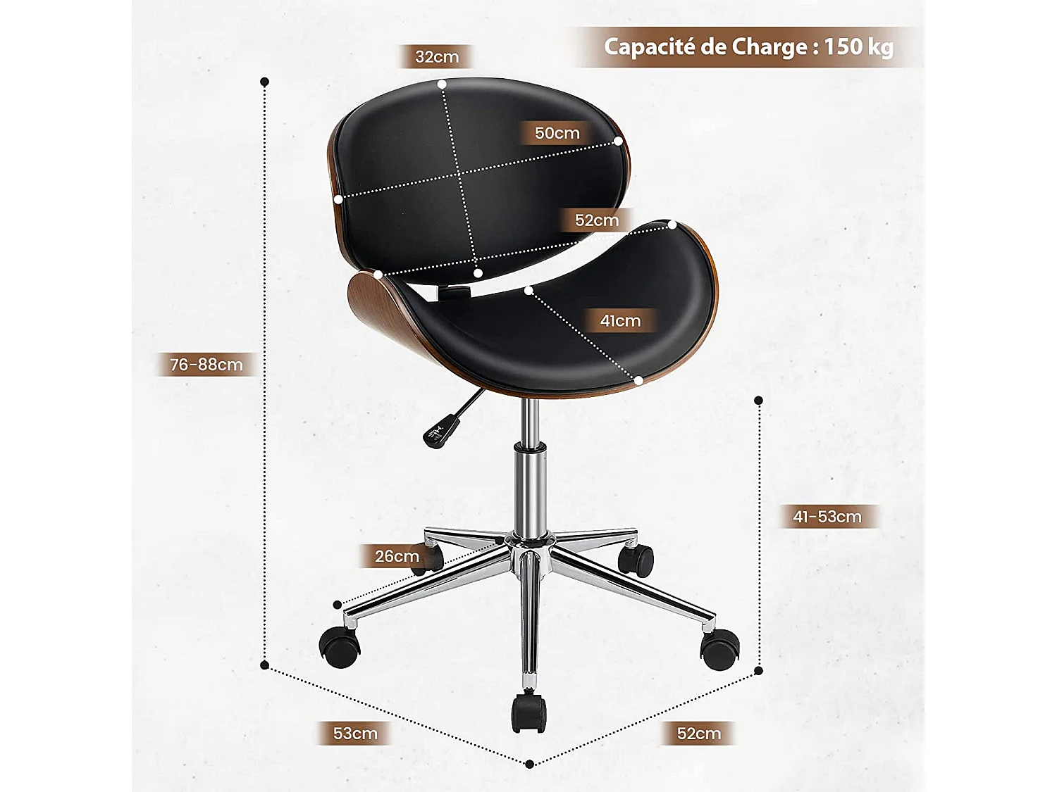 Chaise de Bureau en Bois, Pivotant et Réglable à Hauteur, Tabouret de Bureau avec Siège et Dossier Incurvé Rembourré, Charge Max 150kg