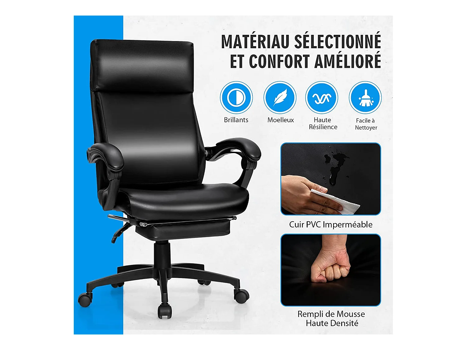 Chaise de Bureau Ergonomique Inclinable Pivotant Réglable en Hauteur avec roulettes Appuie-Tête Accoudoir Repose-Pieds 62 x 71,5 x 109-119 cm Noir