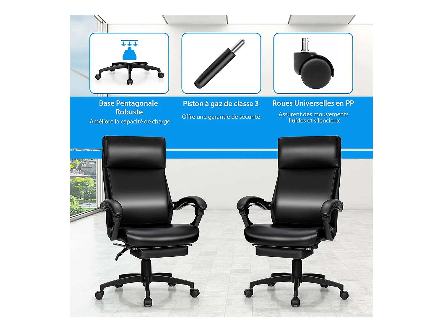 Chaise de Bureau Ergonomique Inclinable Pivotant Réglable en Hauteur avec roulettes Appuie-Tête Accoudoir Repose-Pieds 62 x 71,5 x 109-119 cm Noir