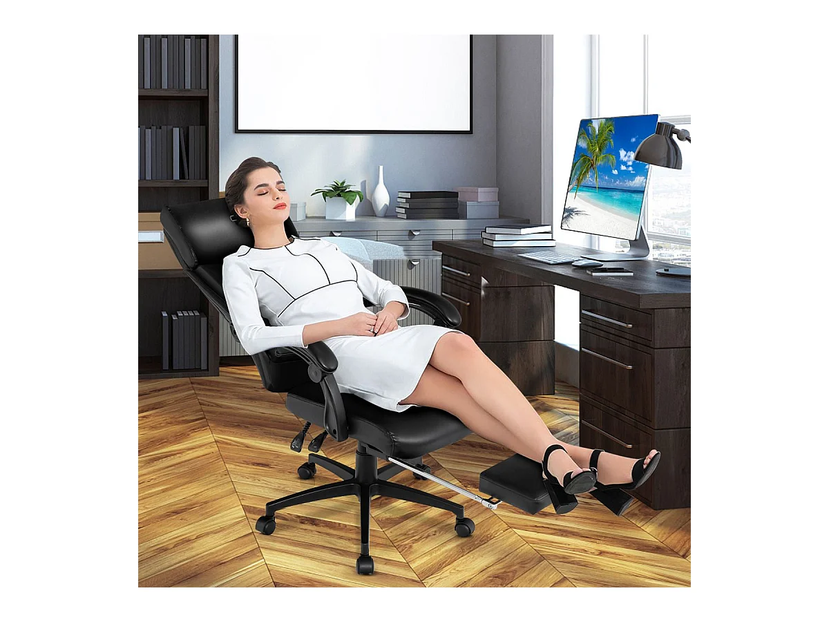 Chaise de Bureau Ergonomique Inclinable Pivotant Réglable en Hauteur avec roulettes Appuie-Tête Accoudoir Repose-Pieds 62 x 71,5 x 109-119 cm Noir