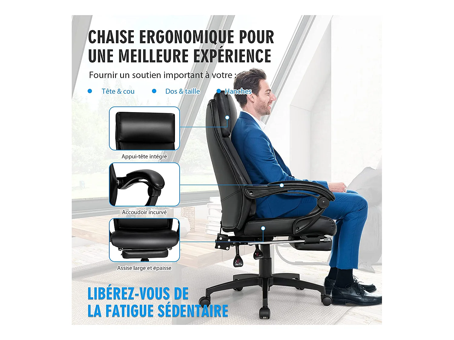 Chaise de Bureau Ergonomique Inclinable Pivotant Réglable en Hauteur avec roulettes Appuie-Tête Accoudoir Repose-Pieds 62 x 71,5 x 109-119 cm Noir